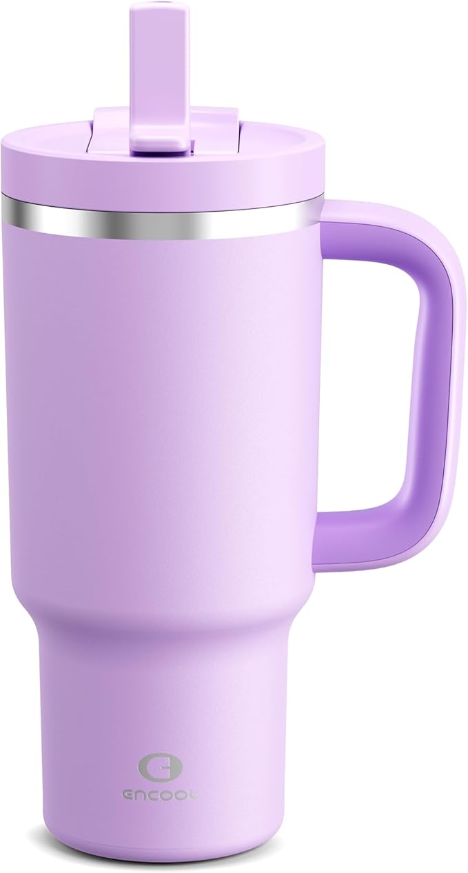 32 oz Tumbler with Handle and Straw: Stainless Steel Insulated Tumbler Keeps Cold for 24 Hours, Leakproof Travel Cup Fits in Cup Holder and BPA-Free, Lavende