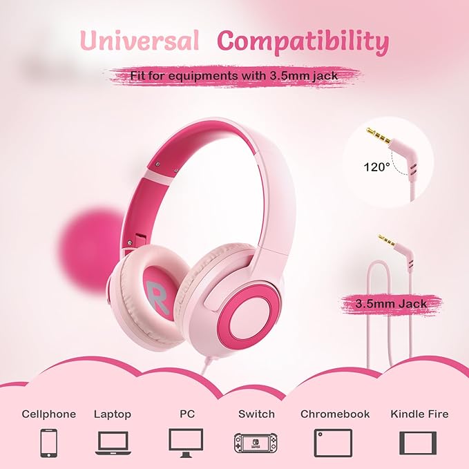 Kids Wired Headphones with Microphone, Volume Limited to 85/94dB Pink Earphone for Girls, Foldable 3.5mm Jack Headset for School & Travel, Includes Portable Case