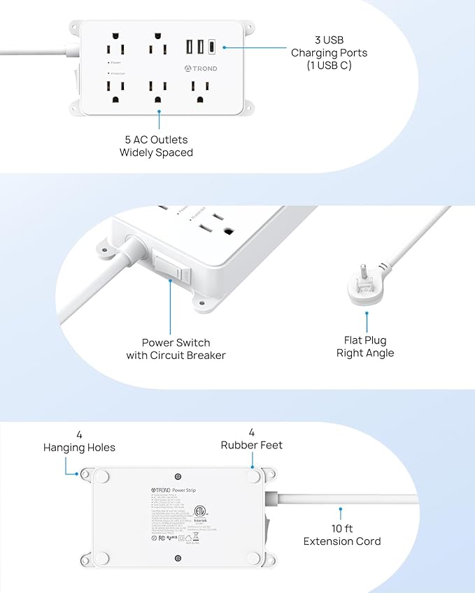 TROND Power Strip with USB, 10ft Extension Cord Surge Protector, 5 Widely Spaced Outlets with 3 USB Ports, ETL Listed, 1300J, Low-Profile Flat Plug, Wall Mountable, White