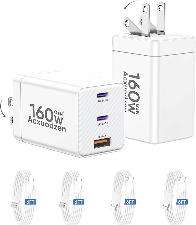 USB C Charger Block 2 Pack, 3 Port Gan Fast Charger with 4 Pack 6FT Charging Cables, PPS PD QC3.0 Compact Foldable Fast Charging Blocks for MacBook, iPhone, Samsung, Galaxy, iPad, Android, White