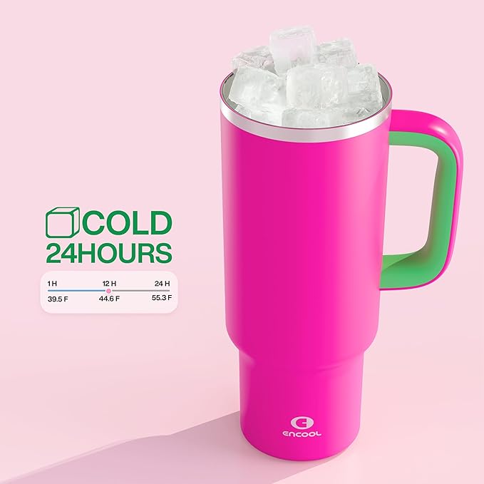40 oz Tumbler with Handle and Straw: Stainless Steel Insulated Tumbler Keeps Cold for 24 Hours, Leakproof Travel Cup Fits in Cup Holder and BPA-Free, Knockout Pink