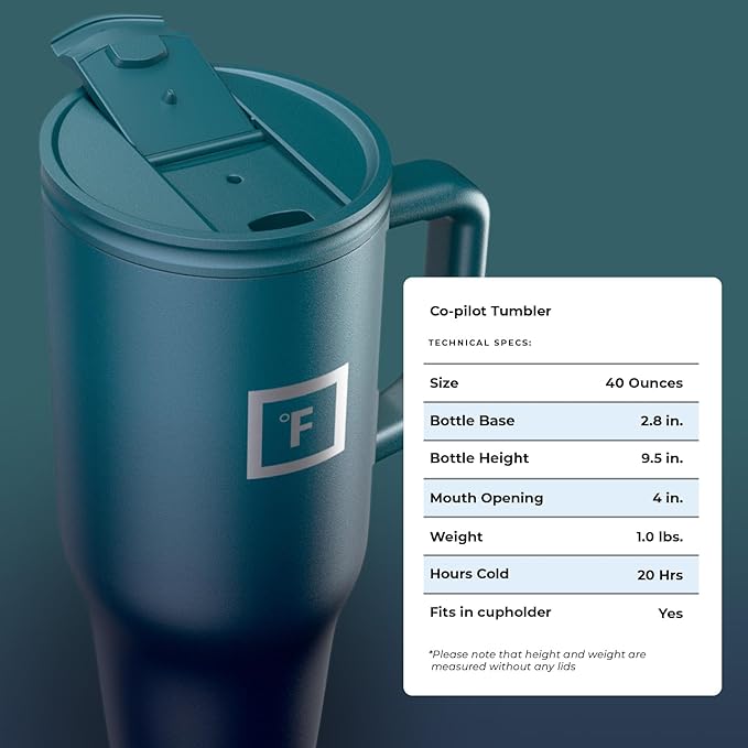 IRON °FLASK Co-Pilot Insulated Mug w/Straw & Flip Cap Lids - Cup Holder Bottle for Hot, Cold Drink - Leak-Proof - Water, Coffee Portable Travel Mug - Dark Night, 40 Oz