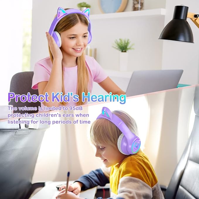 LOBKIN Bluetooth 5.4 Kids Headphones with Case - RGB LED Light Up Cat Ears Foldable Adjustable Over Ear Headphone Support Wireless or 3.5mm Wired Mode for Toddler & Girls & Boys Teens