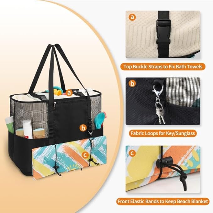 Mesh Beach Bag, Extra Large Beach Bags for Women, Lightweight Foldable Sandproof Tote Bag for Family & Vacation