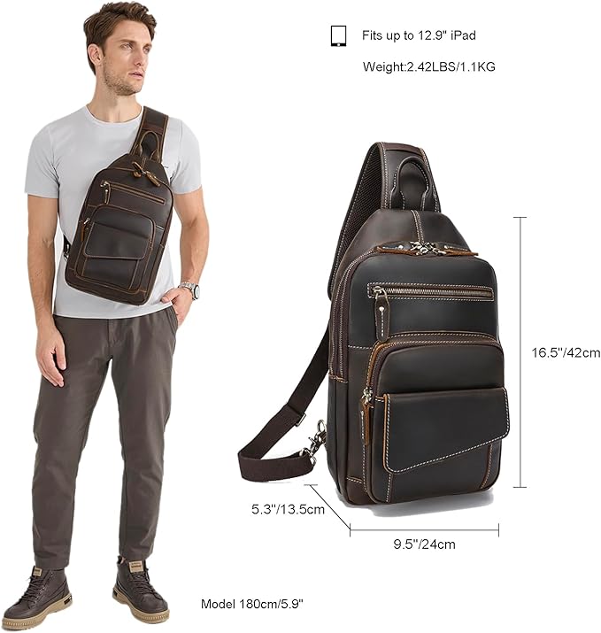 LANNSYNE Full Grain Leather Casual Sling Bag For Men Hiking/Travel/Business Crossbody Chest Bag Fits 12.9" iPad