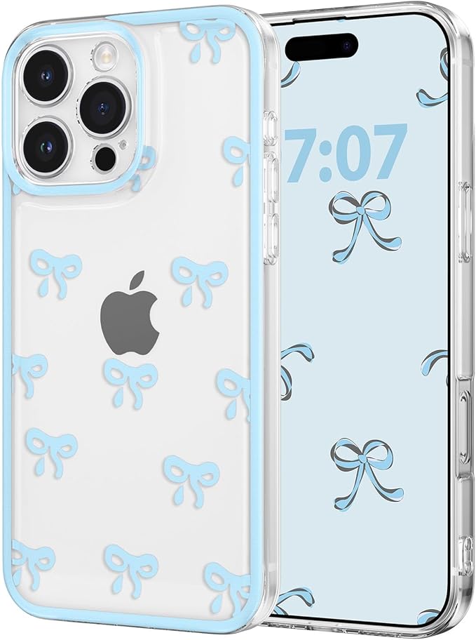 EYZUTAK Case for iPhone 16 Pro Max, Clear Cute Ribbon Bowknot Pattern Aesthetic Transparent Phone Case Raised Camera Protection Stylish Slim Soft Durable TPU Protective Cover for Women Girls - Blue