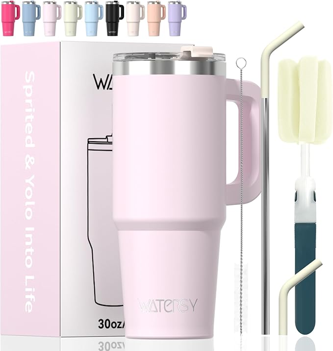20 oz Tumbler with Handle,Tumbler with Lid and Straw,Double Wall Insulated Cup Stainless Steel Travel Mug(Cold for 34 Hours),Water Bottle for Iced Tea,Coffee,Cold Beverages(Rose Quartz)