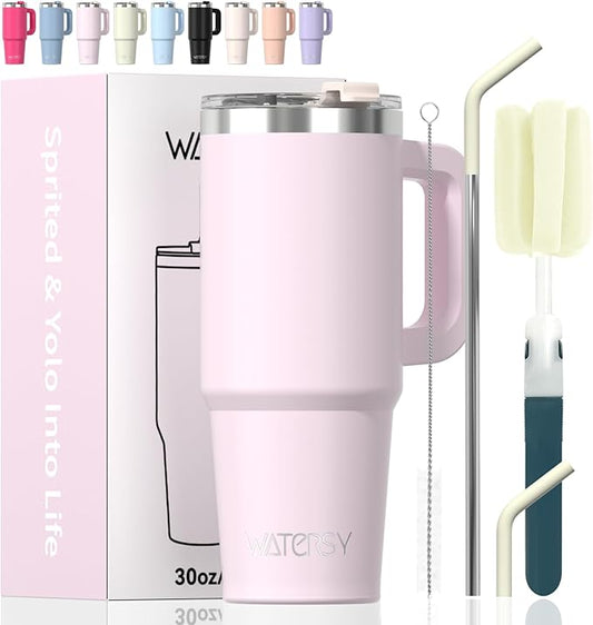 30 oz Tumbler with Handle,Tumbler with Lid and Straw,Double Wall Insulated Cup Stainless Steel Travel Mug(Cold for 34 Hours),Water Bottle for Iced Tea,Coffee,Cold Beverages(Rose Quartz)