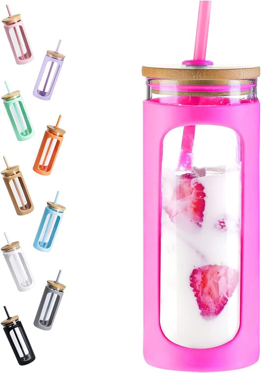 Kodrine 20oz Glass Tumbler with Straw and Lid, Iced Coffee Cups with Bamboo Lids, Glass Cups for Cold Drinks, Smoothie Cup with Silicone Sleeve for Travel, Work, BPA FREE-Rose