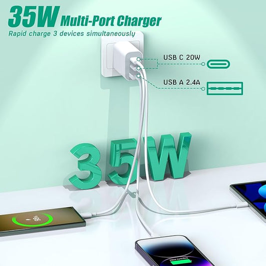 [2-Pack]iPhone 16 15 Charger Block,35W 3-Port Fast USB C Charger Block Dual Port PD Power Adapter + QC Wall Plug Multiport USB C Wall Charge Block for iPhone 16/16 Pro/15/15 Pro/Pro Max/Plus/14/13/12