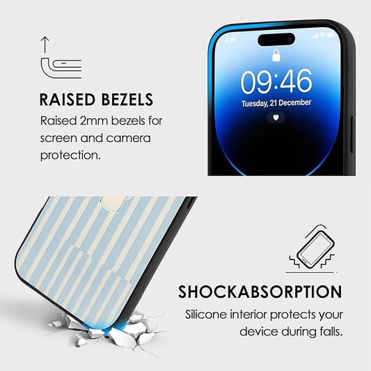 Compatible with iPhone 14 Pro Case with Finger Hand Strap Kickstand, Trendy Cool Striped Phone Case for Women Men, Full Camera Protection Shockproof Protective Cover, White and Blue Stripes