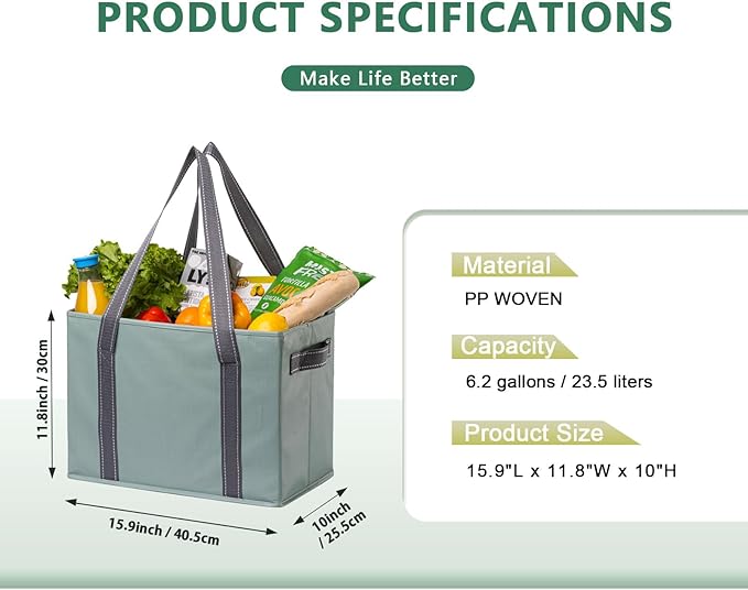 VENO 2 Pack 8 Gallon Reusable Grocery Bags, Shopping Bags for groceries, Extra Large Utility Tote with Handles and Hard Bottom, Foldable Cart Organizer, Water Resistant, Heavy-Duty (Light Green)