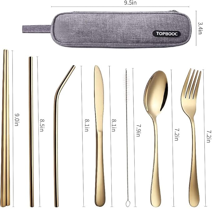 Portable Stainless Steel Flatware Set, Travel Camping Cutlery Set, Portable Utensil Travel Silverware Dinnerware Set with a Waterproof Case (Gold)