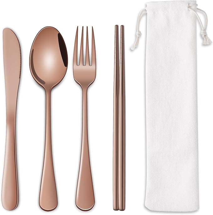 Travel Silverware Set Rose Gold Camping Picnic Utensils Set With Case Includes Knife Spoon Fork Chopsticks,Office Work Lunch Personal Flatware Set