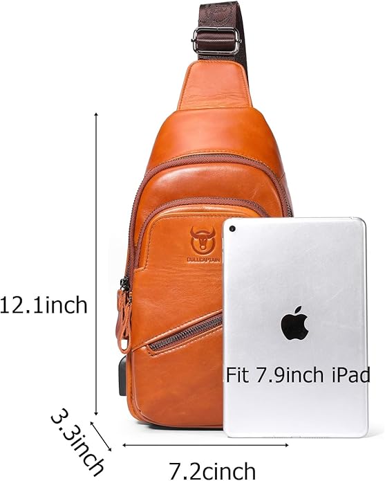 BULLCAPTAIN Mens Leather Sling Bag Backpack Casual Outdoor Shoulder Crossbody Chest Bag with USB Charging Port