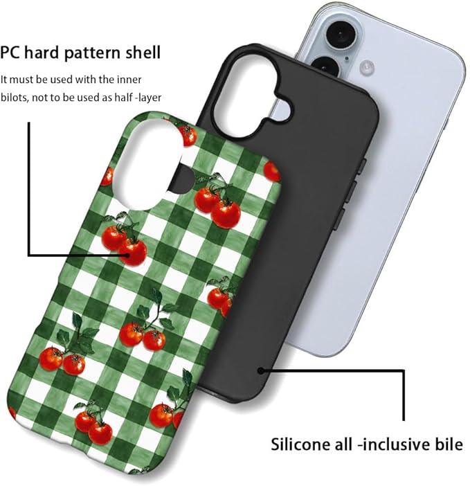 DAIZAG Case Compatible with for iPhone 16,Green Red Checkerboard Tomatoes Watercolor Phone Case for iPhone 16 for Girl Women Boy Men