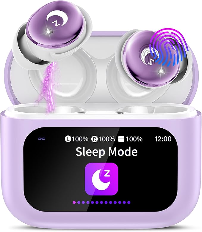 Sleep Earbuds Bluetooth 5.4 in Ear Smart Touch Screen Ear Buds, 48H Playtime Mini Sleep Headphones Small Design for Side Sleepers, Crystal-Clear Calls, 5 EQ Modes, IPX7 Waterproof Earphone Purple