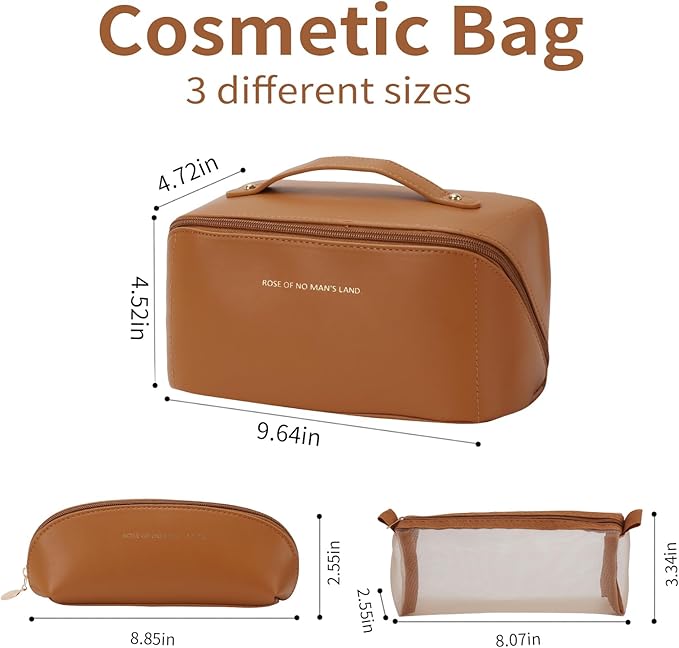 3 Pcs Travel Makeup Bag Portable Large Capacity Cosmetic Bags for Women Open Flat Makeup Case Organizer Bag Set of 3 Waterproof PU Leather Toiletry Bags with Divider and Handle (Brown, Medium)