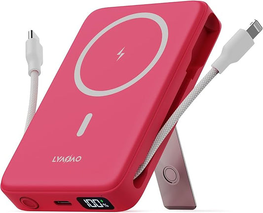 2025 Magnetic Battery Pack 16800mAh Mobile Power Bank, Portable Charger with Foldable Stand and Built-in Cable, 20W USB-C Fast Charging, Suitable for iPhone 17/16/15/14/13/12 Series