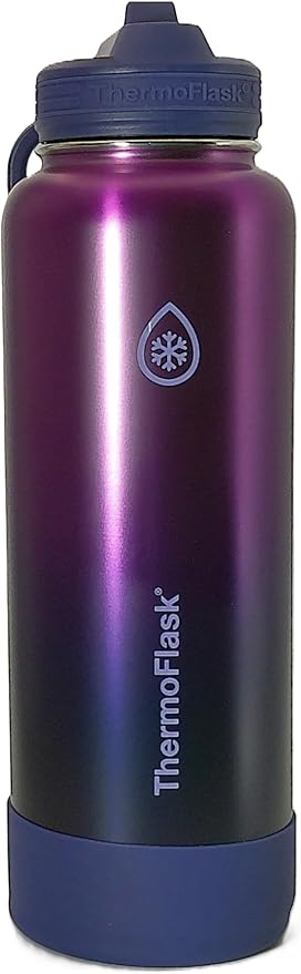 ThermoFlask 40 oz Bottle with Spout and Straw Lid - Stainless Steel, Double-Wall Insulation & BPA-Free - Leakproof, Resuable - Forest Green/Purple Sunset (2 Pack)