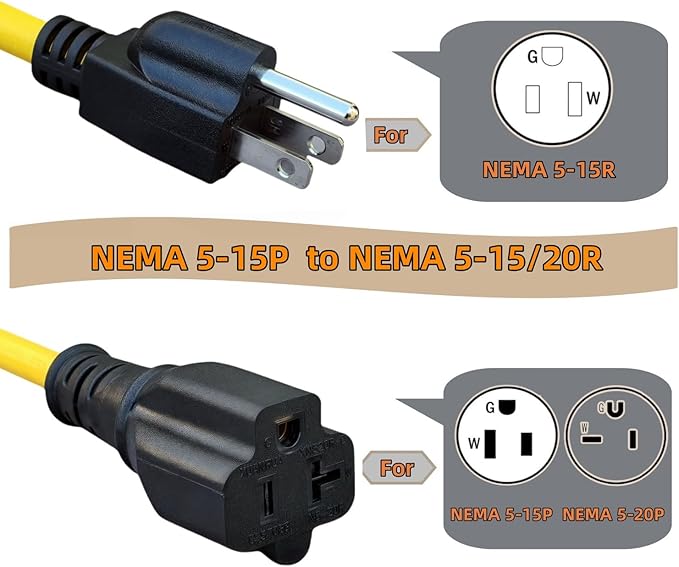 6-Feet 15 Amp Household AC Plug to 20 Amp T Blade Adapter Cable，14AWG 6-Foot 15 Amp to 20 Amp Plug Adapter Cord Nema 5-15P to 5-15R/5-20R 20Amp Comb AC Power Cord, Yellow