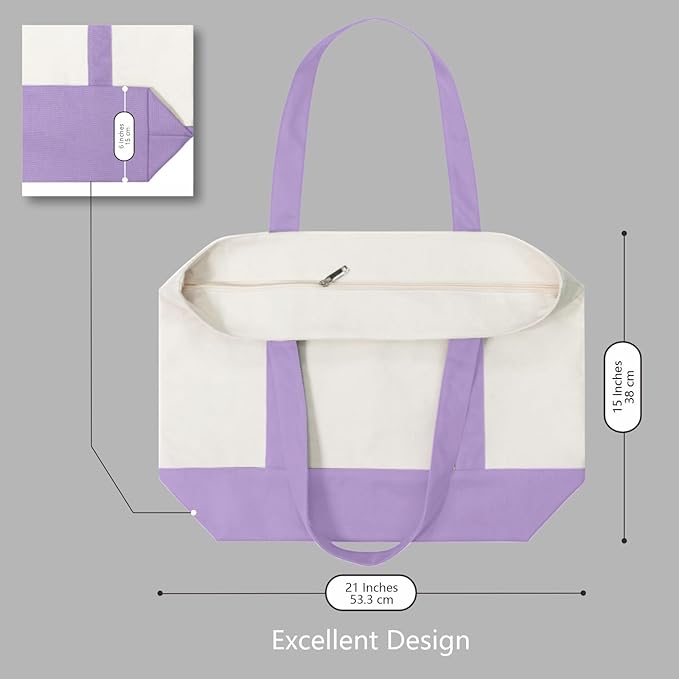 TOPDesign 1-Pack Canvas Tote Bag with an External Pocket, Reusable Grocery Shopping Bag, Top Zipper Closure, Daily Essentials (Lavender/Natural)