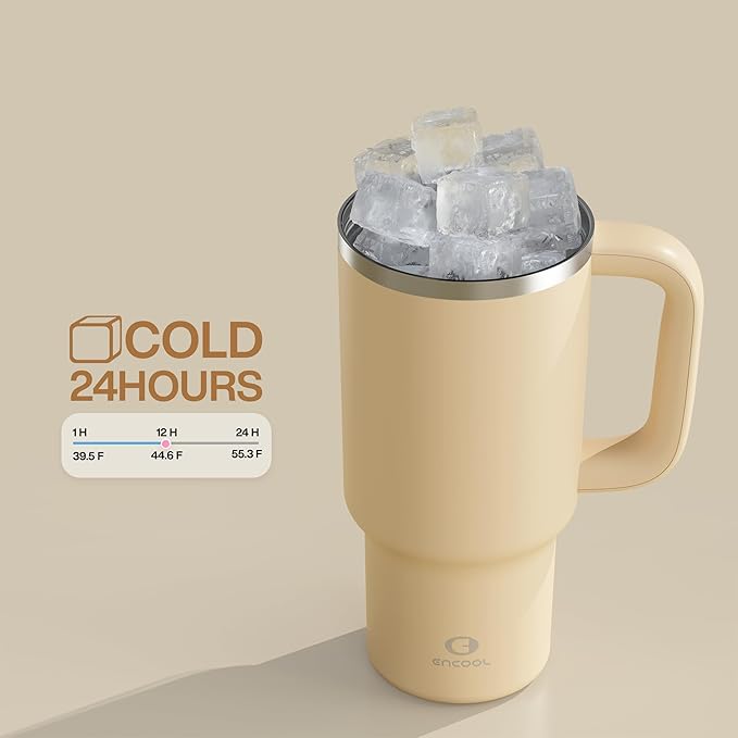 32 oz Tumbler with Handle and Straw: Stainless Steel Insulated Tumbler Keeps Cold for 24 Hours, Leakproof Travel Cup Fits in Cup Holder and BPA-Free, Indian Khaki