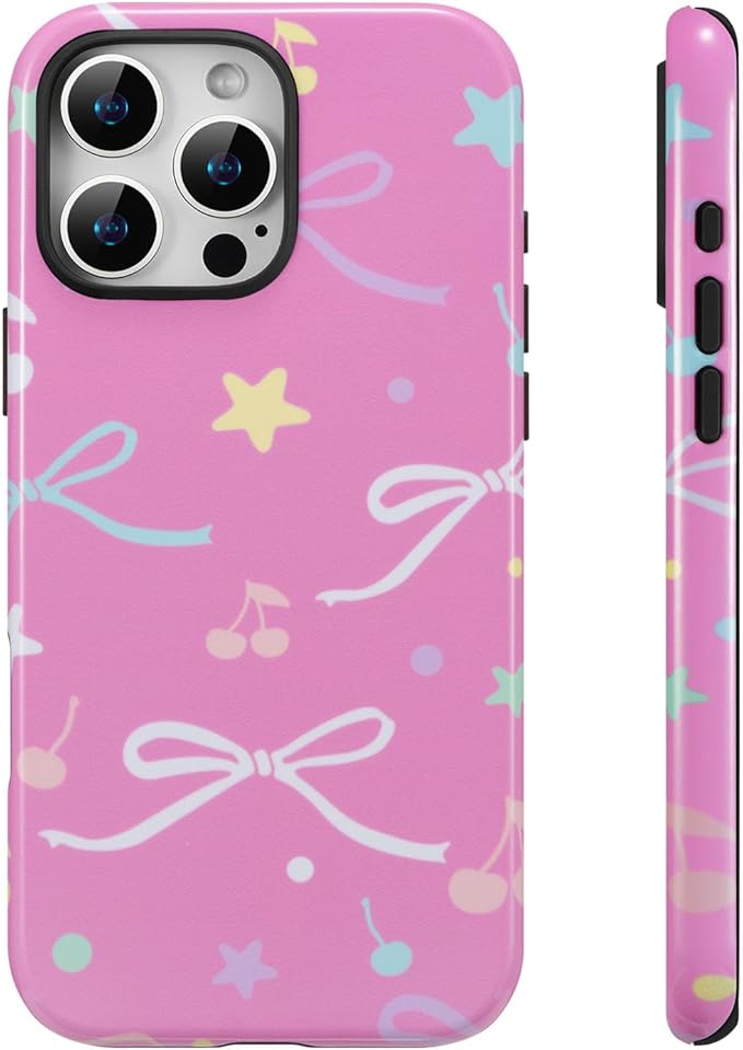 QLTYPRI Case for iPhone 16 Pro Max, Aesthetic Colorful Bow Cherry Stars Phone Case for Girls Women, Protective Hybrid 2-Layer Hard Shell Silicone Cover Durable Shockproof Phone Cover - Rose Red