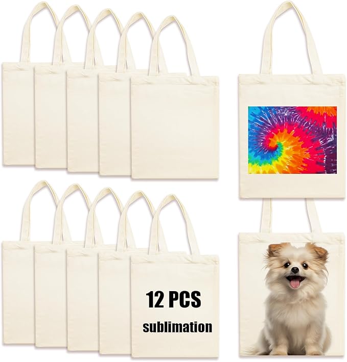 ORJ 12 PCS Sublimation blank canvas bags bulk,Polyester Shopping Tote Bags for Sublimation,DIY custom Blank Canvas Tote Bags 12.2 x 14.2 Inch