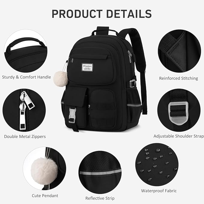 School Backpack for Teen Girls, Cute Laptop Backpack for Women Students, Large Middle High School Bags Aesthetic Bookbag for College Travel Fit 17.3 Inch Laptop (Black)