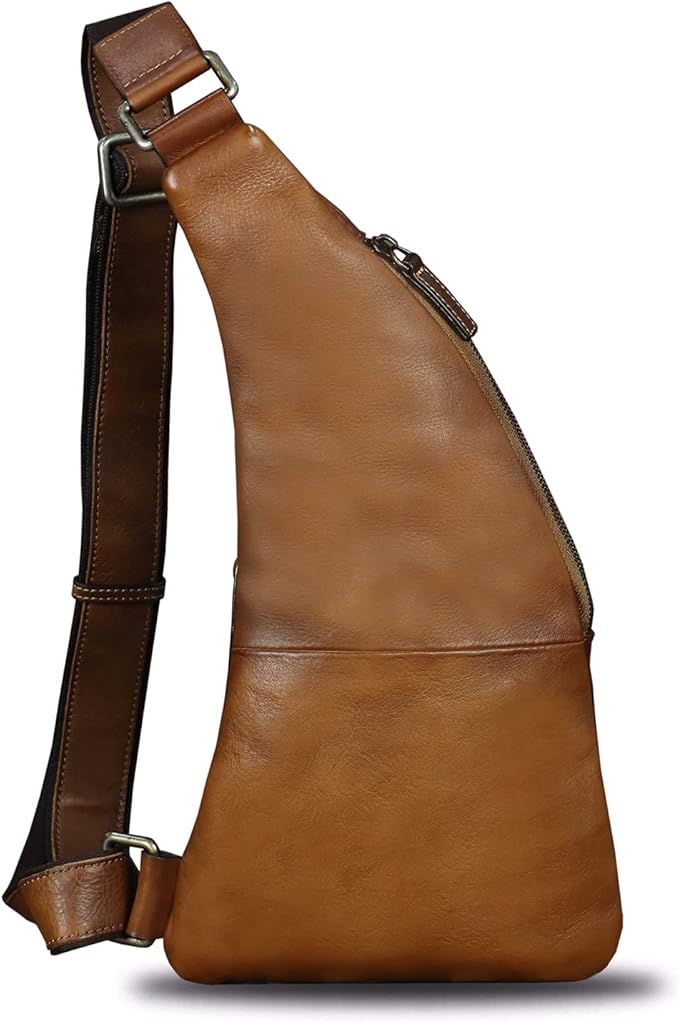 Genuine Leather Sling Bag for Men Vintage Handmade Crossbody Daypack Hiking Backpack Retro Crossbody Shoulder Bags (Brown)