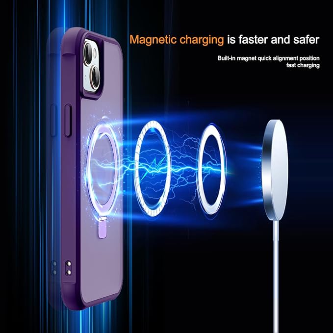 Compatible with iPhone 14 Plus Case with Invisible Magnetic O-Ring Stand Military-Grade Translucent Case for iPhone 14 Plus 6.7" [Compatible with Mag-Safe][Great Grip Feeling], Purple