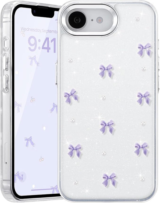 EYZUTAK Case for iPhone 16e, Bling Glitter 3D Bowknot Phone Case Cute Sparkly Crystal Clear Bow Aesthetic Design Cover Slim Soft Durable TPU Transparent Protective Cover for Women Girl - Purple Bow