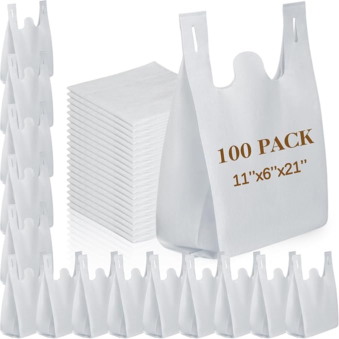 Windyun Large Grocery T-shirt Bags Bulk Reusable Non Woven Shopping Bag Foldable Gift Tote with Handle, 21x11x6 Inch