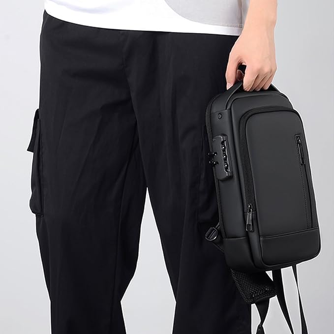 Sling Bag for Men | Anti-theft Crossbody USB PU Leather Shoulder Bag Chest Bag for Daily use Waterproof Lightweight One Strap Backpack, Black