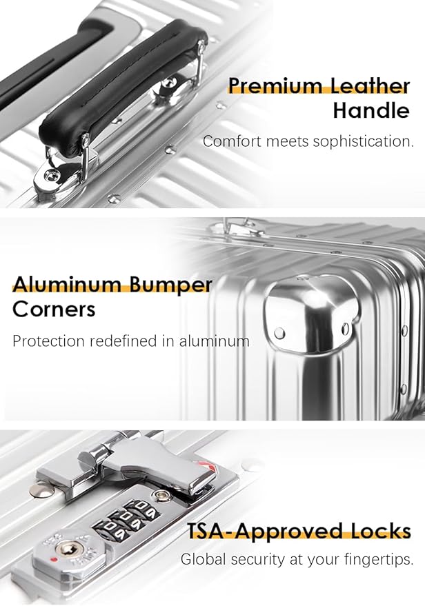 HotWay 20 Inch All Aluminum Carry On Luggage with Leather Handle, Hard Shell Zipperless Suitcase with TSA Locks and Spinner Wheels, Silver Travel Luggage (22x14x9 Airline Approved)