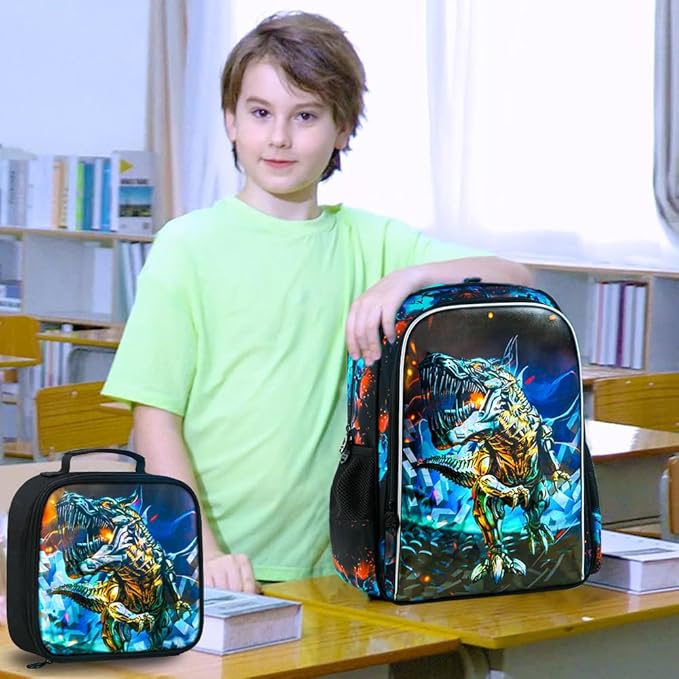 CCJPX 3PCS Kids Backpack for Boys, 16 Inch Dinosaur Water Resistant Preschool Backpacks, Kindergarten School Bookbag with Lunch Box for Toddler Travel