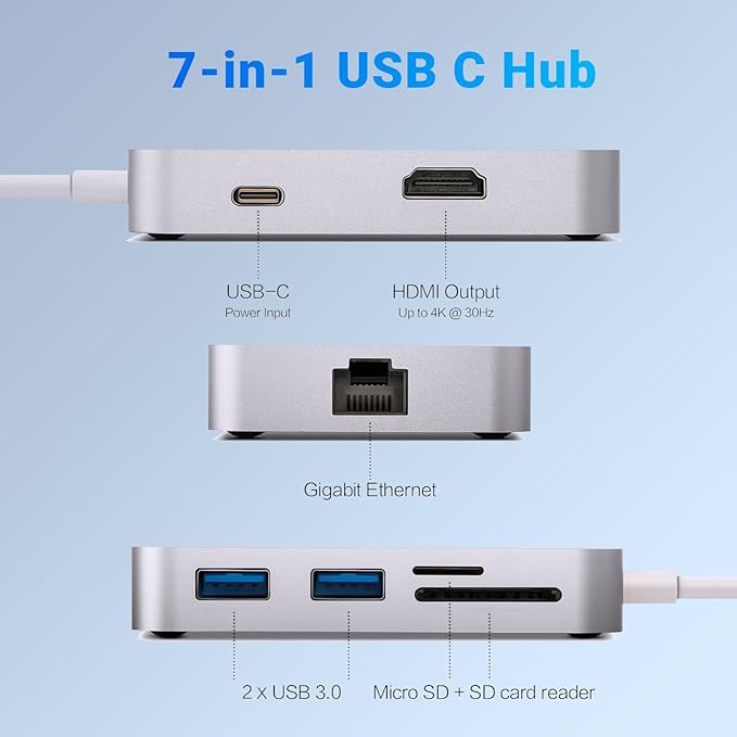 MINIX USB C Adapter, 7 in 1 USB C Hub Muliport Adapter 4K HDMI,Gigabit Ethernet, 2 USB 3.0, 100W PD Charging, SD/TF Card Reader, Compatible with MacBook Pro/Air, iPad Air/Pro, iMac, Laptop, PC