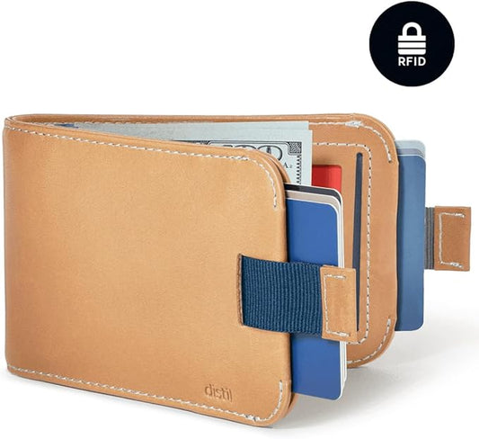Distil Union Wally Bifold 5.0 Premium RFID Wallet with Titanium Money Clip - Slim Bifold Wallet for Men, Full Grain Leather, Minimalist RFID Card Holder - Holds 14 Cards & 30 Bills - Vege-Tan