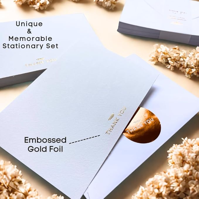 RUN2PRINT (36 Pack) Thank You Cards With Envelopes & Gift of 36 Foiled Stickers - Elegant Embossed Gold Foil Pressed Blank Notes Wedding All Occasion Cards (White)