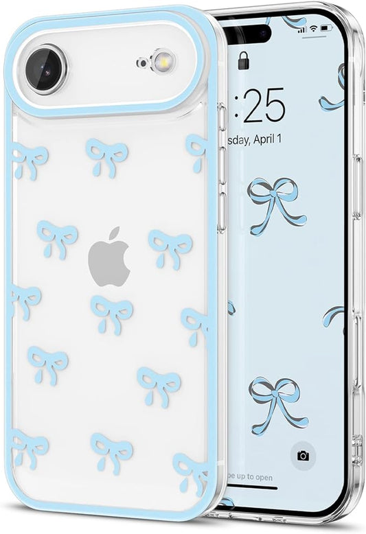 EYZUTAK Case for iPhone Air, Clear Cute Ribbon Bowknot Pattern Aesthetic Transparent Phone Case Raised Camera Protection Stylish Slim Soft Durable TPU Protective Cover for Women Girls - Blue