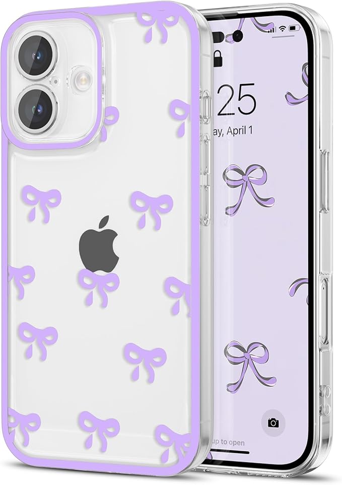 EYZUTAK Case for iPhone 17, Clear Cute Ribbon Bowknot Pattern Aesthetic Transparent Phone Case Raised Camera Protection Stylish Slim Soft Durable TPU Protective Cover for Women Girls - Purple