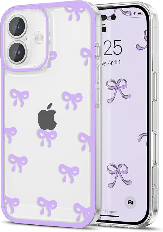 EYZUTAK Case for iPhone 17, Clear Cute Ribbon Bowknot Pattern Aesthetic Transparent Phone Case Raised Camera Protection Stylish Slim Soft Durable TPU Protective Cover for Women Girls - Purple
