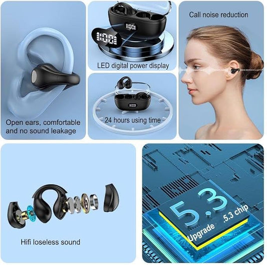 Wireless Headphones,Bluetooth 5.3 Ear Clip Earphones,36H Playtime Open Ear Clip Headsets with Mic,Mini Wireless Earbuds Bluetooth for Running Sport Gym,USB-C,Compatible with iPhone Android Samsung