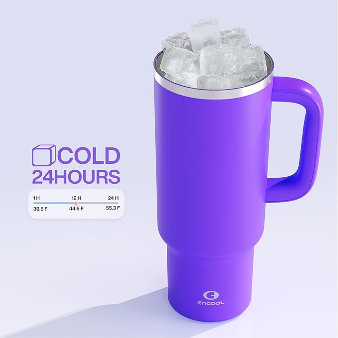 40 oz Tumbler with Handle and Straw: Stainless Steel Insulated Tumbler Keeps Cold for 24 Hours, Leakproof Travel Cup Fits in Cup Holder and BPA-Free, Violet