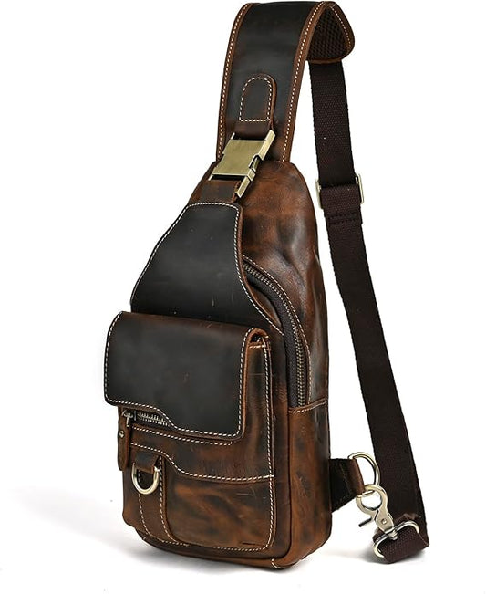 Genuine Leather Hiking Travel DayPack Sling Crossbody Triangle Chest Pack Bag For Men Women 8241