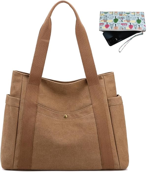 Women's Canvas Tote Handbags Multi-pocket Retro Casual Shoulder Bag Top Handle Satchel Tote Purse