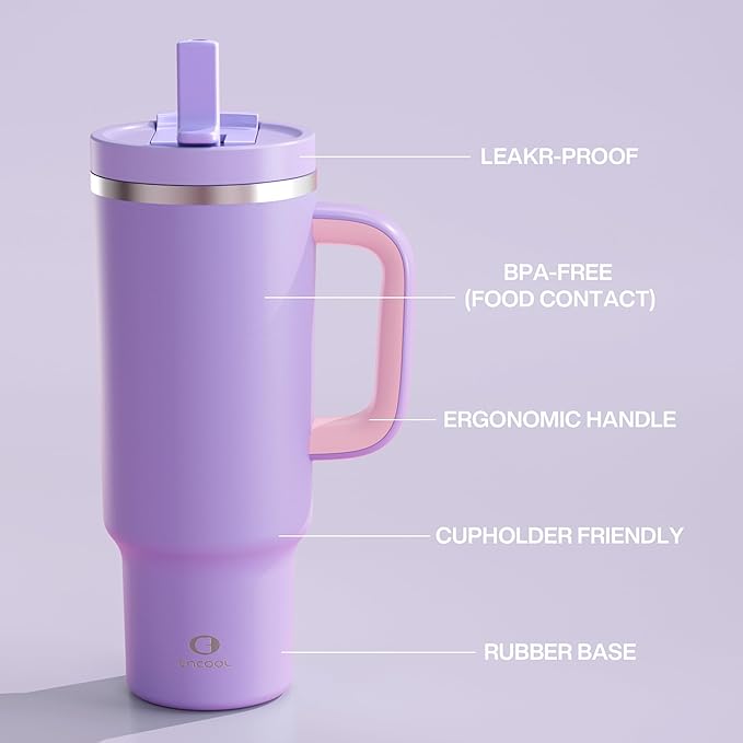 40 oz Tumbler with Handle and Straw: Stainless Steel Insulated Tumbler Keeps Cold for 24 Hours, Leakproof Travel Cup Fits in Cup Holder and BPA-Free, Mauve
