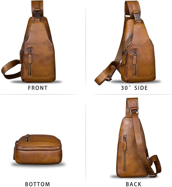 IVTG Genuine Leather Sling Bag for Men and Women Chest Shoulder Crossbody Hiking Backpack Vintage Handmade Daypack