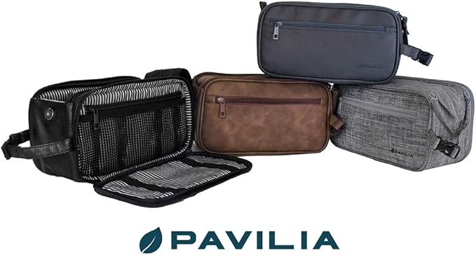 PAVILIA Toiletry Bag for Men, Travel Essentials Shaving Dopp Kit, Mens Travel Bag Toiletries Organizer Case for Grooming, PU Leather Water Resistant Cosmetic Bag Pouch (Heather Grey)
